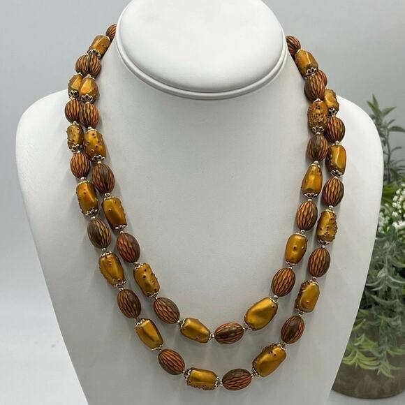 Hong Kong Vintage Copper Brown Bumpy Textured Two Strand Lightweight Necklace - Picture 1 of 12
